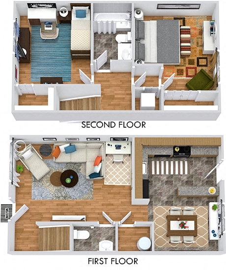 Floor plan for 2 beds, 1.5 baths, 797 sqft